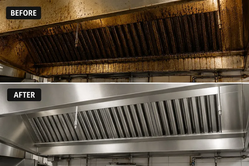 Commercial kitchen exhaust hood before and after professional cleaning