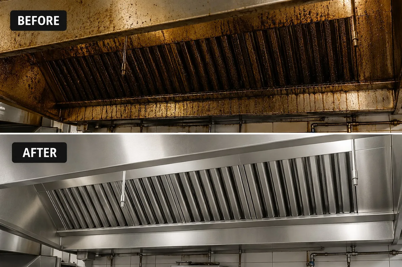 Commercial kitchen exhaust hood before and after professional cleaning